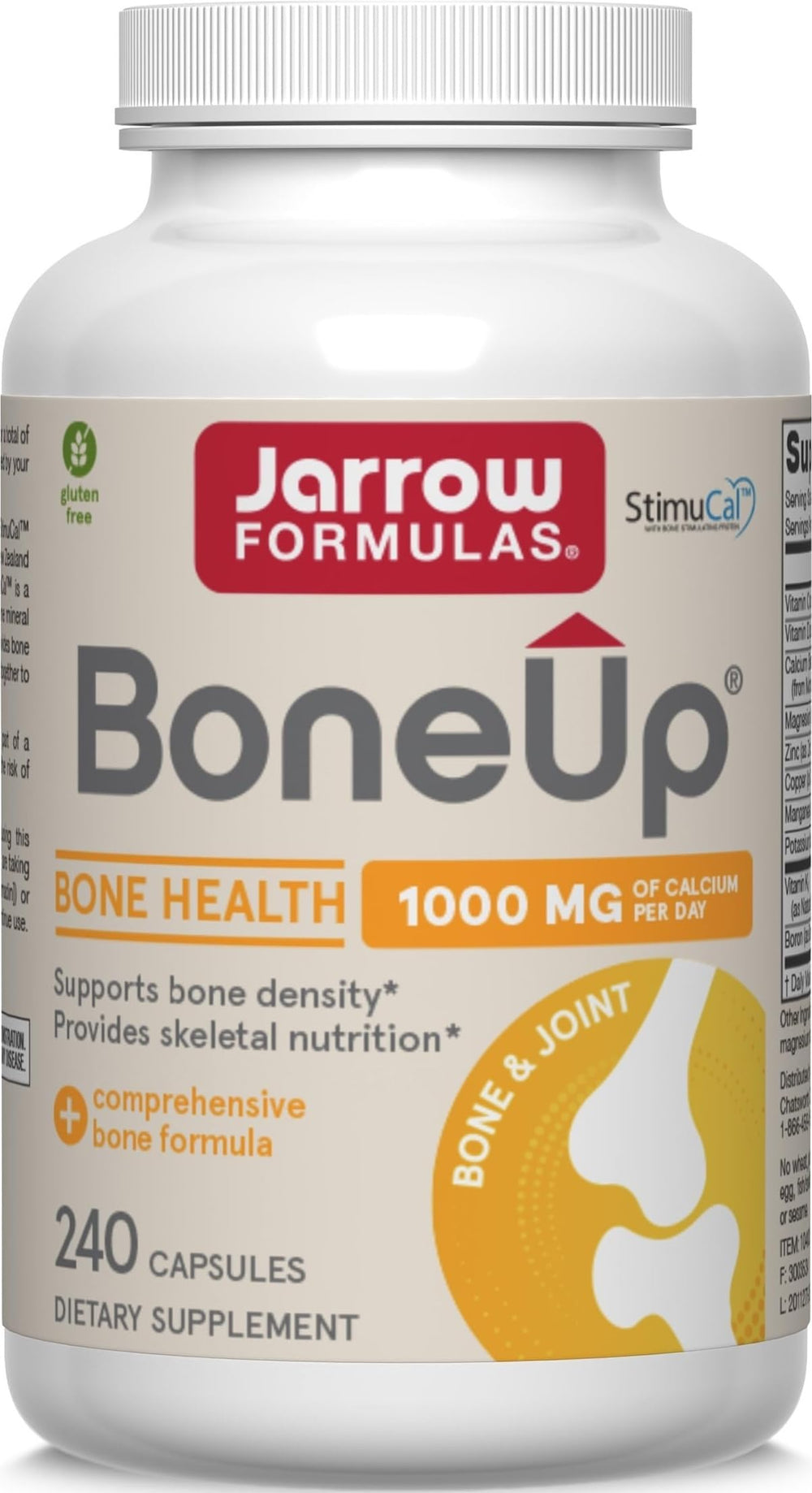 Jarrow Formulas frasco frontal mostrando BoneUp y beneficios óseos