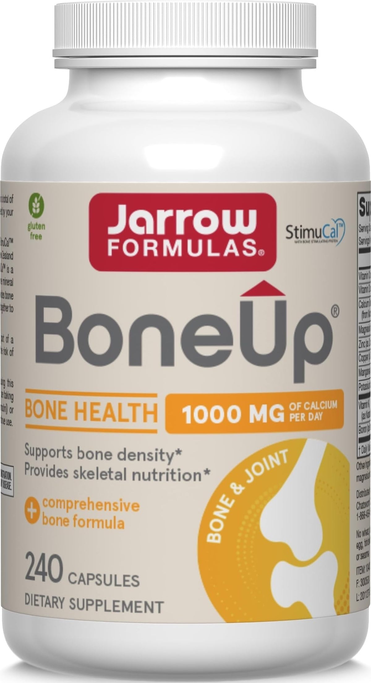 Jarrow Formulas frasco frontal mostrando BoneUp y beneficios óseos