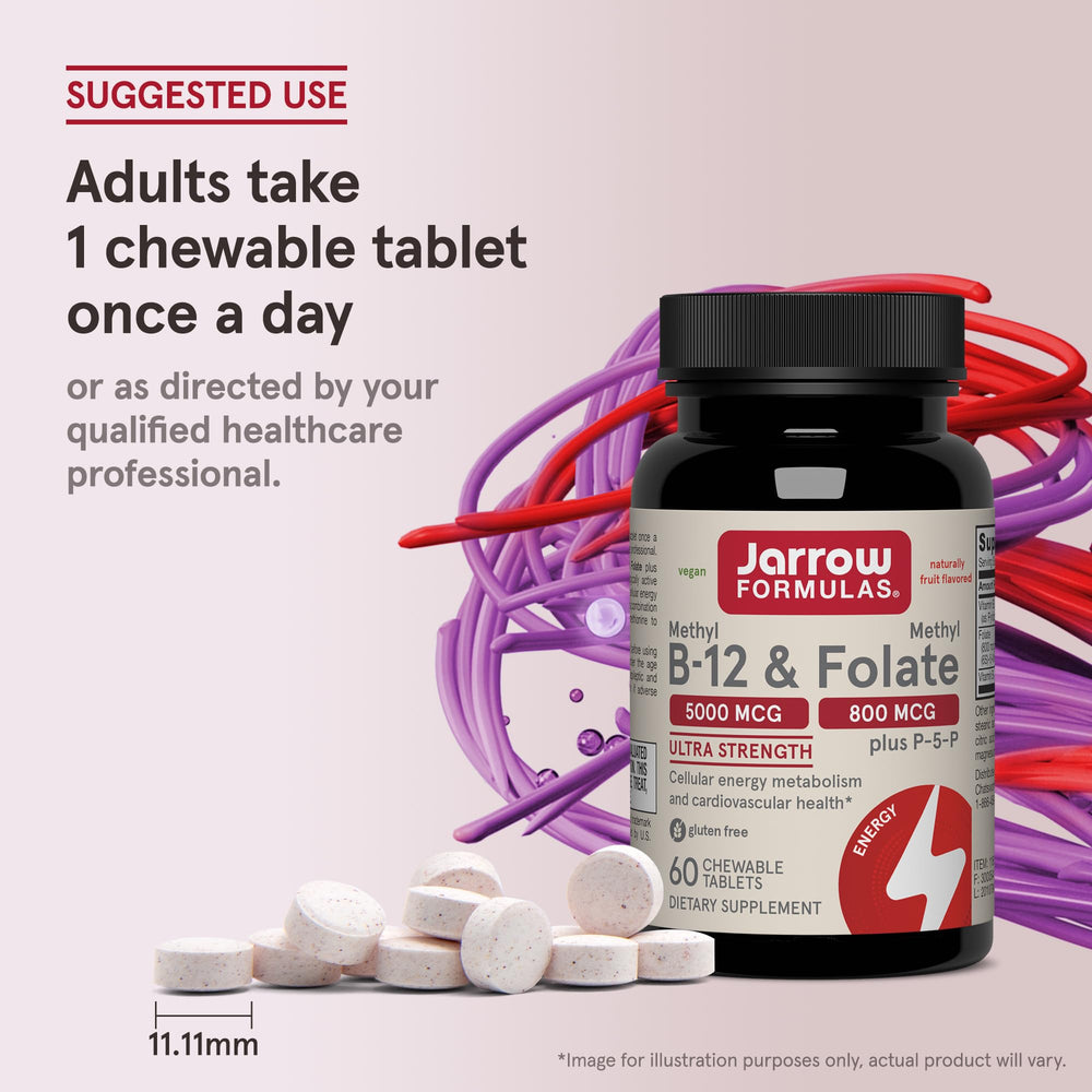 Jarrow Formulas chewable tablets spilled from bottle illustrating count and on-the-go benefit