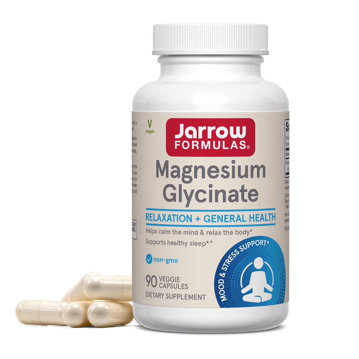 Jarrow Formulas botella frontal mostrando 90 cápsulas y beneficios de relajación