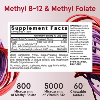 Jarrow Formulas supplement facts label focused on methyl B12 and methyl folate benefits