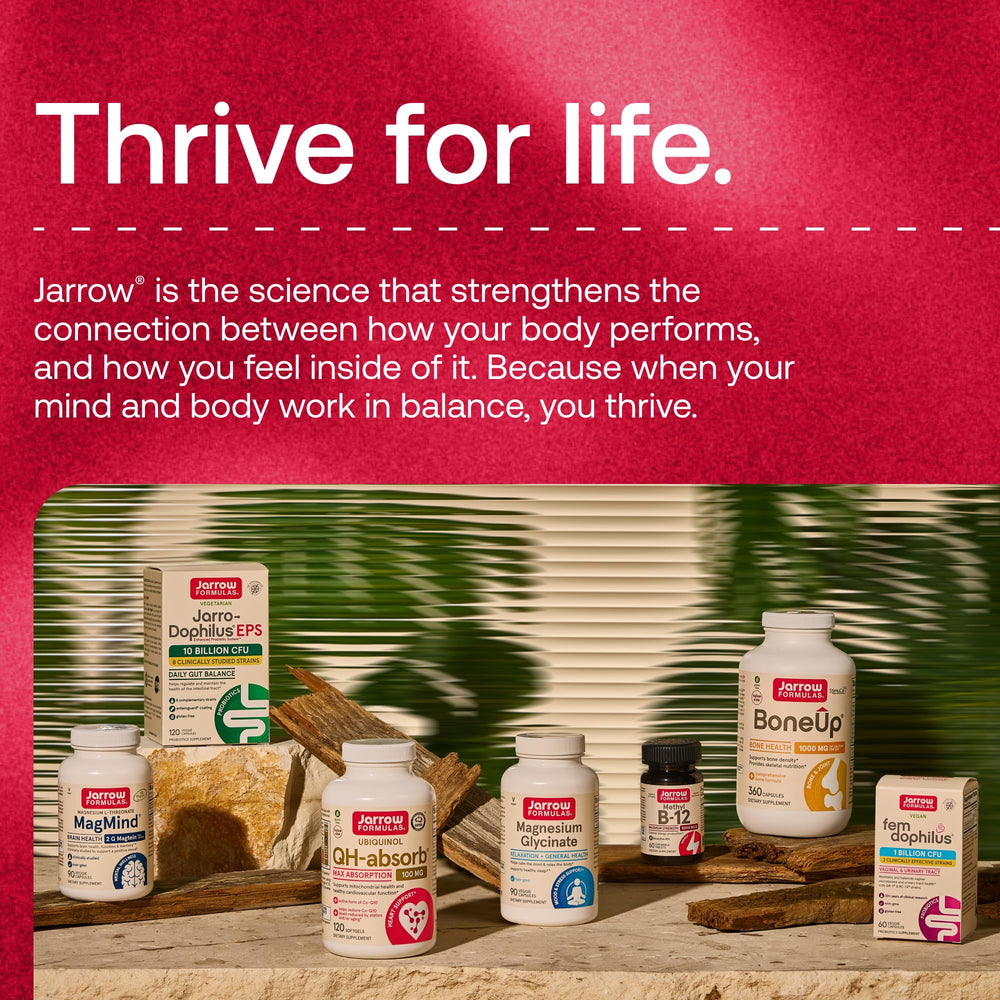 Jarrow Formulas bottle side view showing supplement facts and allergen-free callout