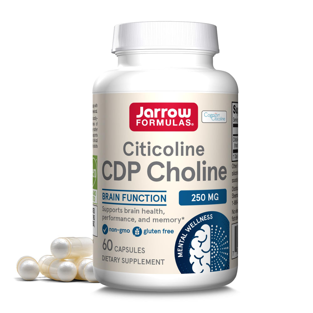 Jarrow Formulas frasco frontal de Citicoline 250 mg mostrando etiqueta clara y beneficios