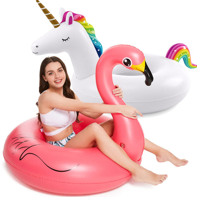 Jasonwell front view of unicorn and flamingo floats showing bright designs and fun