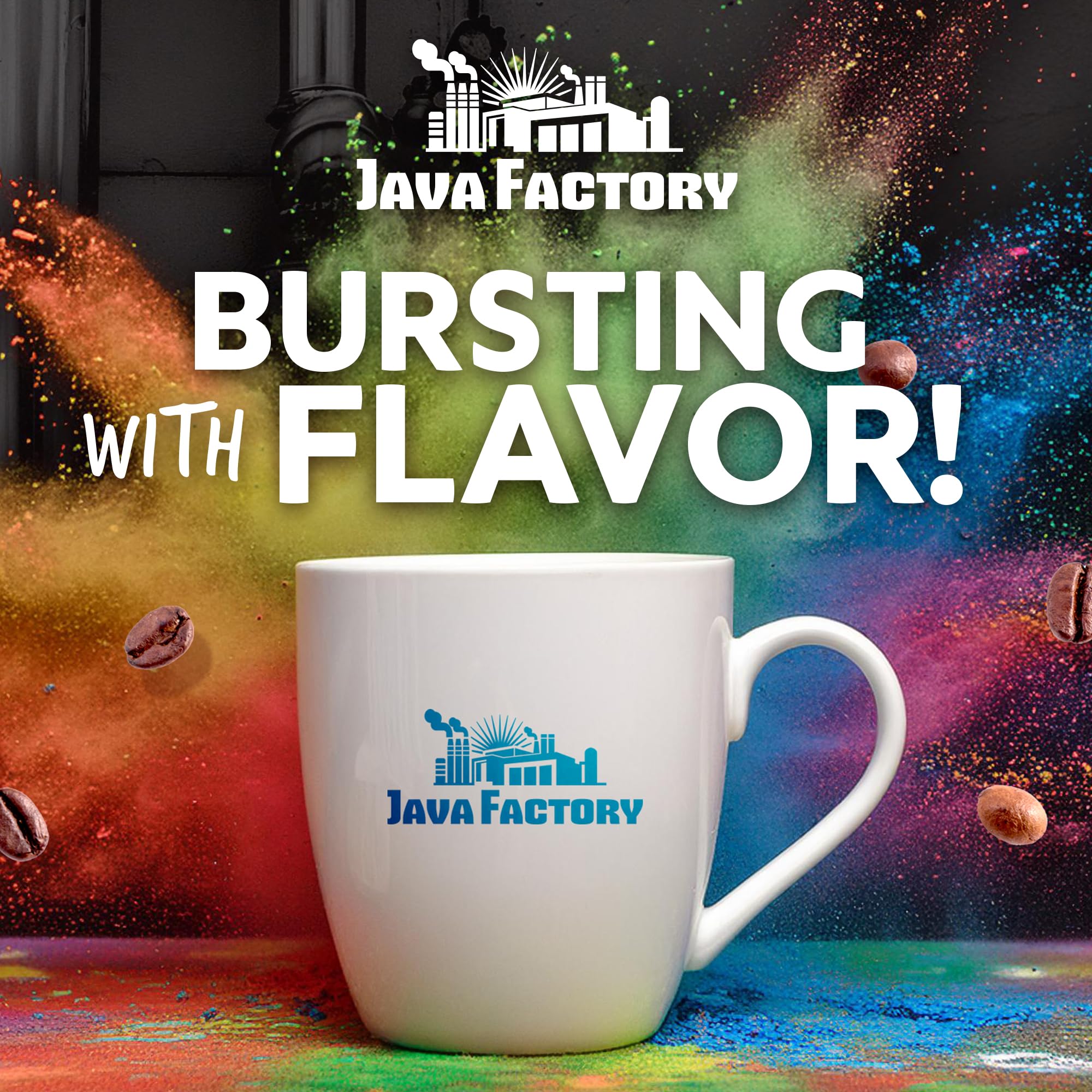 Java Factory assortment spread showing multiple flavor pod tops to illustrate variety