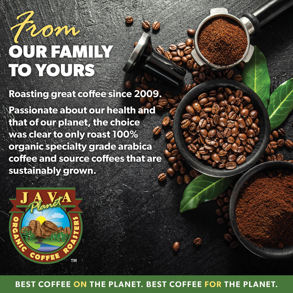 Java Planet paquete de 16 oz junto a una regla para referencia de tamaño