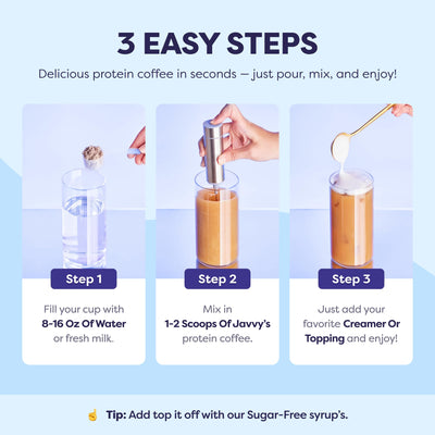 Vaso con leche y hielo mezclado con Javvy para una bebida cremosa y saciante