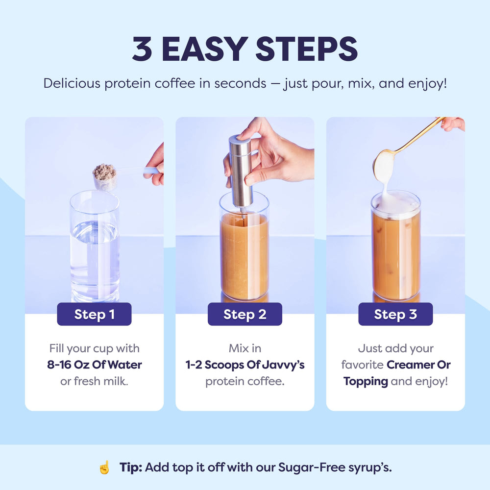 Vaso con leche y hielo mezclado con Javvy para una bebida cremosa y saciante