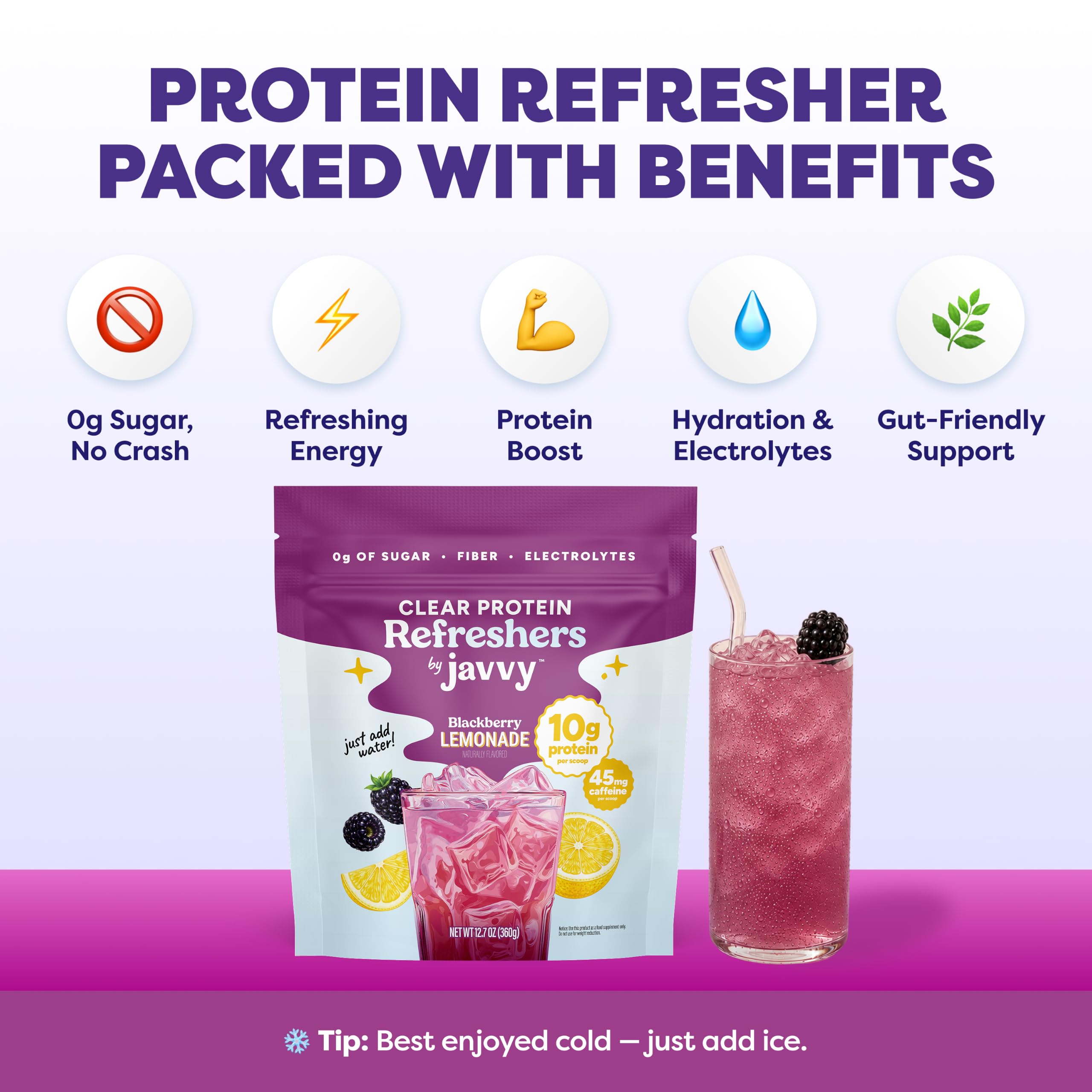 Javvy scoop beside label showing nutrition facts and convenience benefit