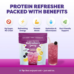Javvy scoop beside label showing nutrition facts and convenience benefit