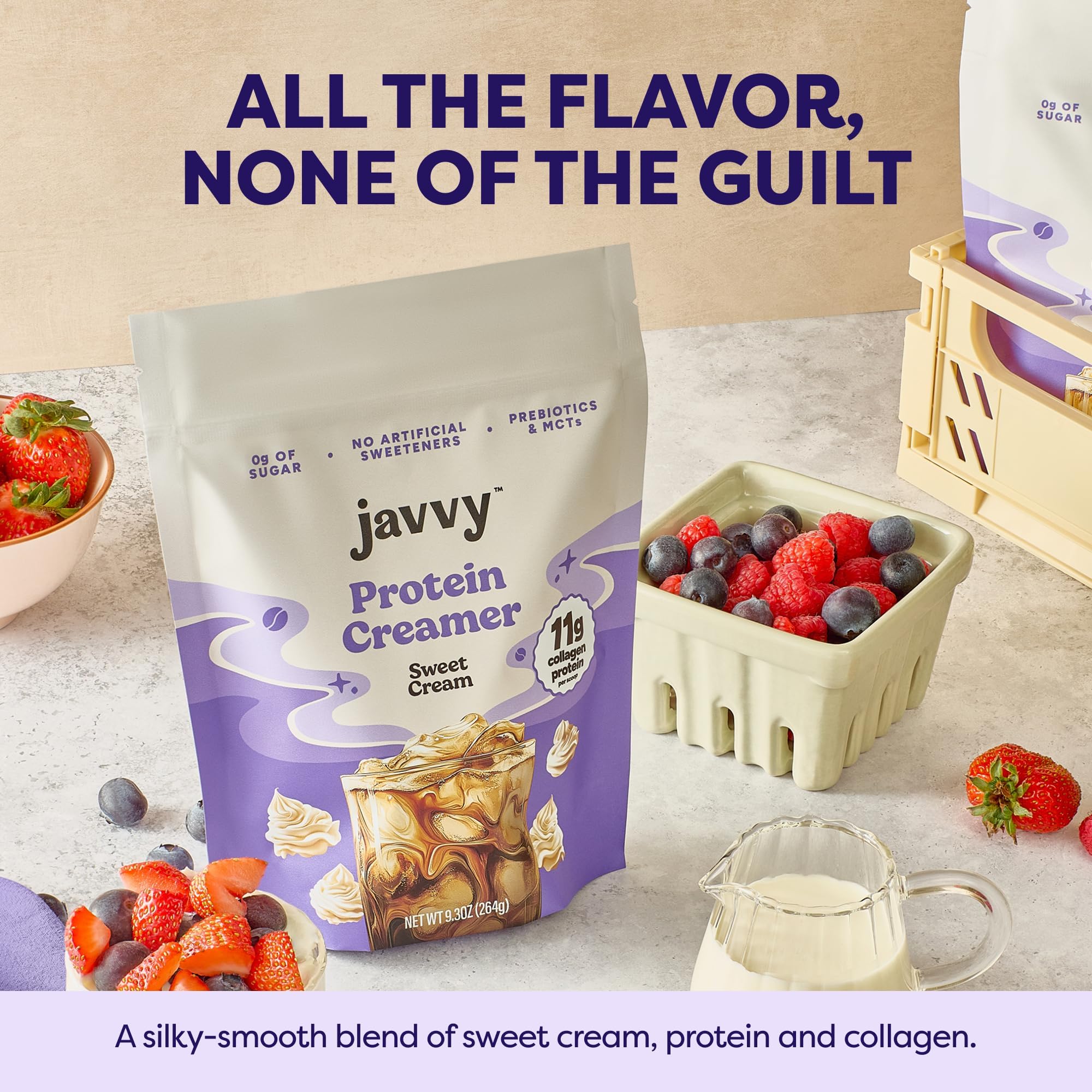 Javvy detalle de etiqueta nutricional mostrando 11g colágeno y 0g azúcar