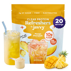 Envase Javvy Clear Protein piña mango mostrando diseño y beneficio refrescante
