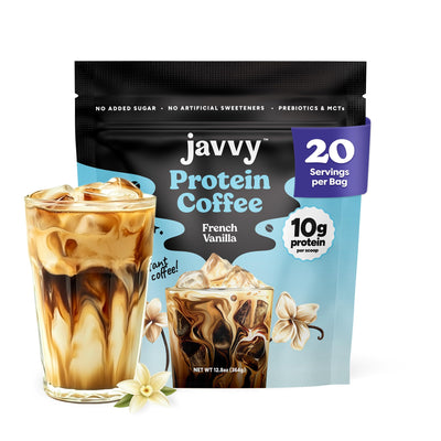 Envase Javvy French Vanilla Bean mostrando diseño y beneficio de conveniencia