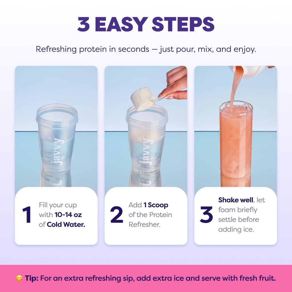 Javvy mixed Strawberry Lemonade drink over ice for refreshing hydration