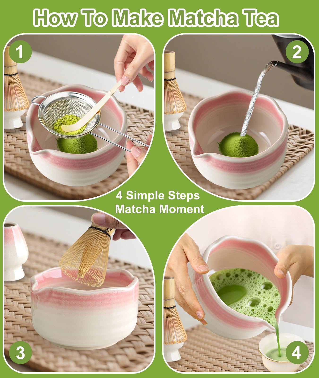 JBER set en uso con mano batiendo matcha para una taza espumosa