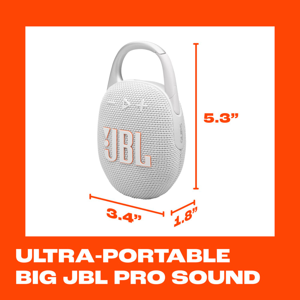 JBL Clip 5 held in hand to show scale and effortless portability benefit