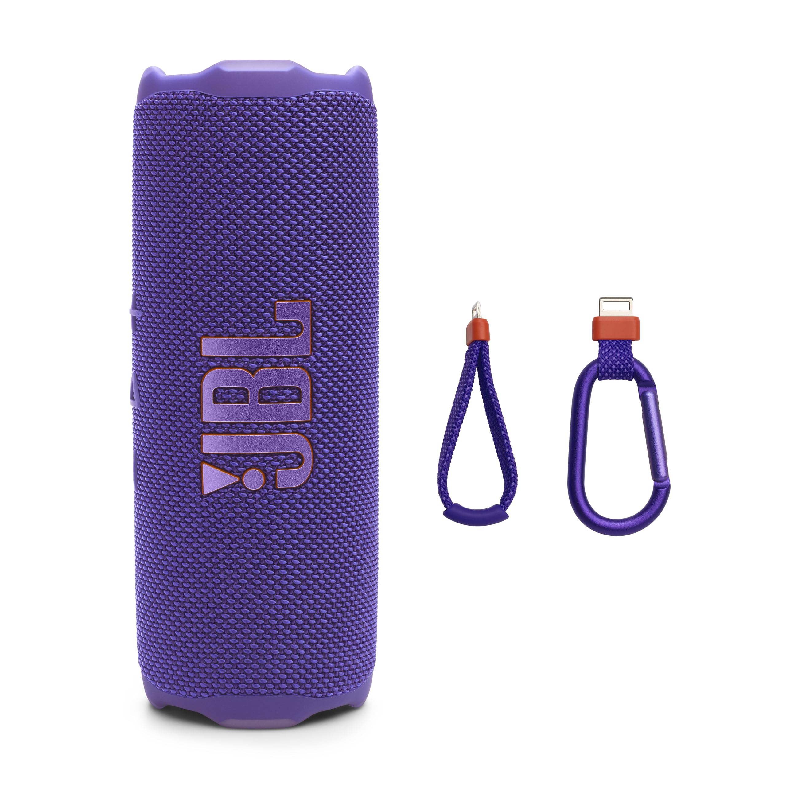 JBL Flip 7 front view in purple showing speaker grille and controls for bold sound