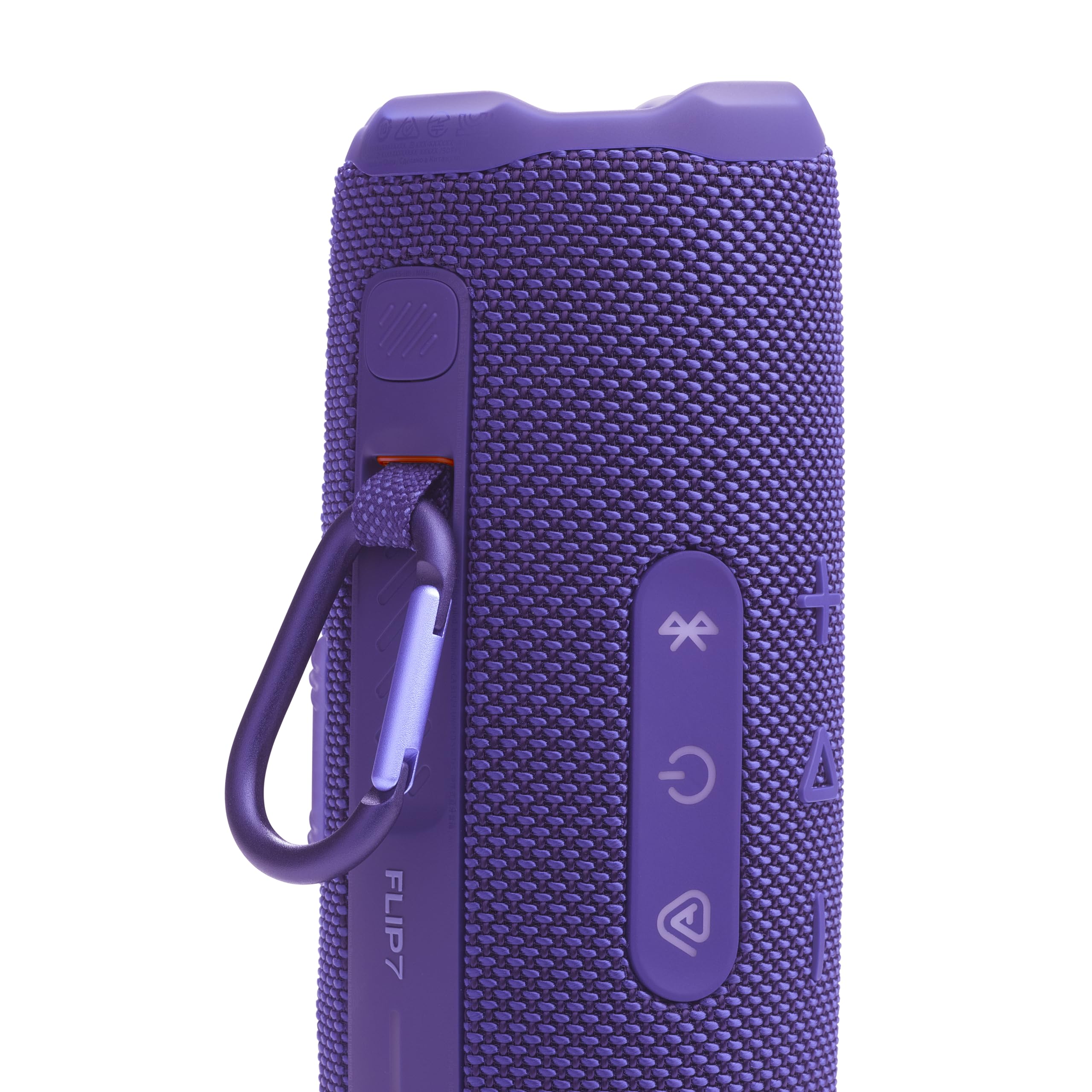 JBL Flip 7 side view with PushLock clip and ports for convenient carrying