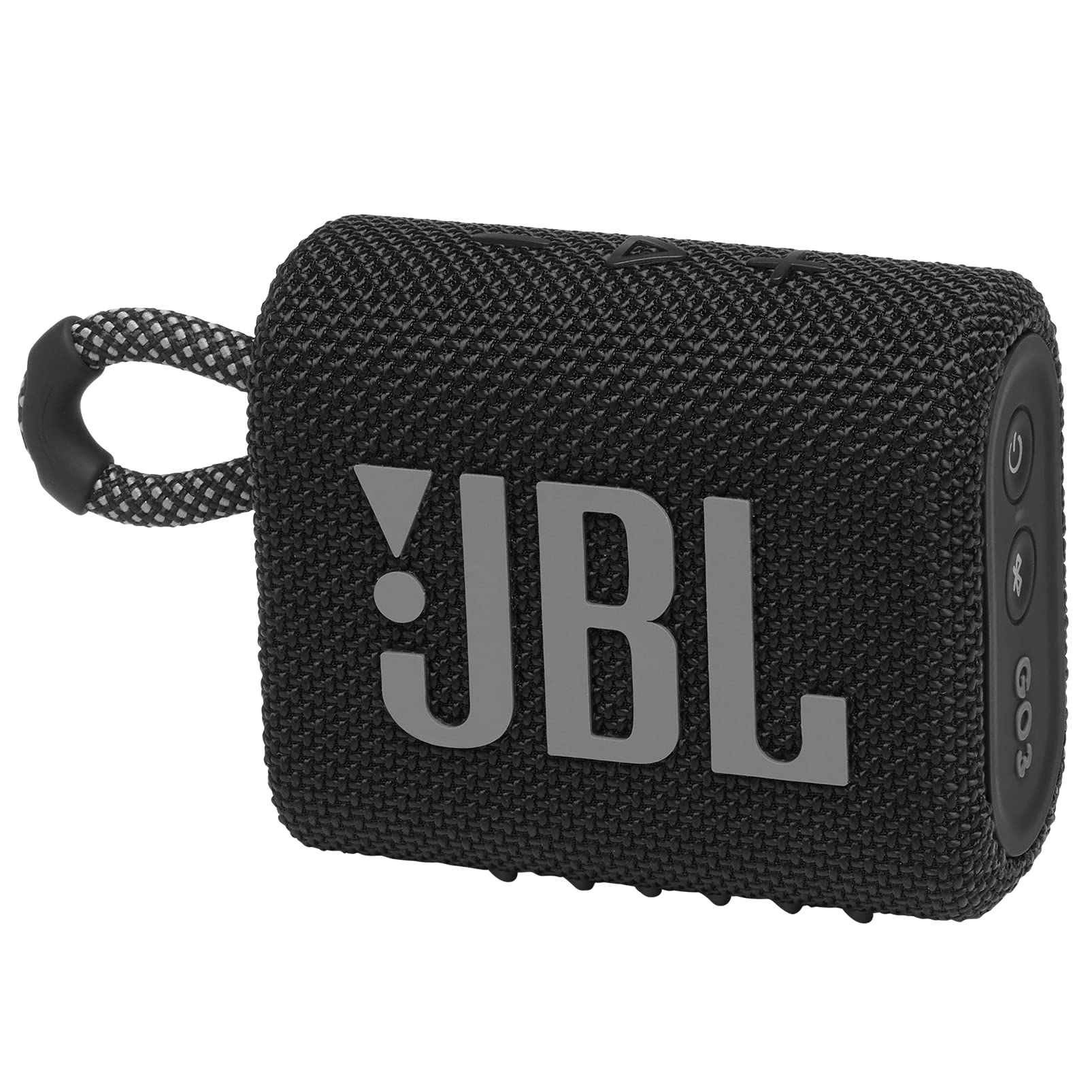 JBL Go 3 front view showing speaker grille and compact profile for powerful sound