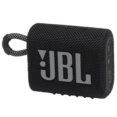 JBL Go 3 front view showing speaker grille and compact profile for powerful sound