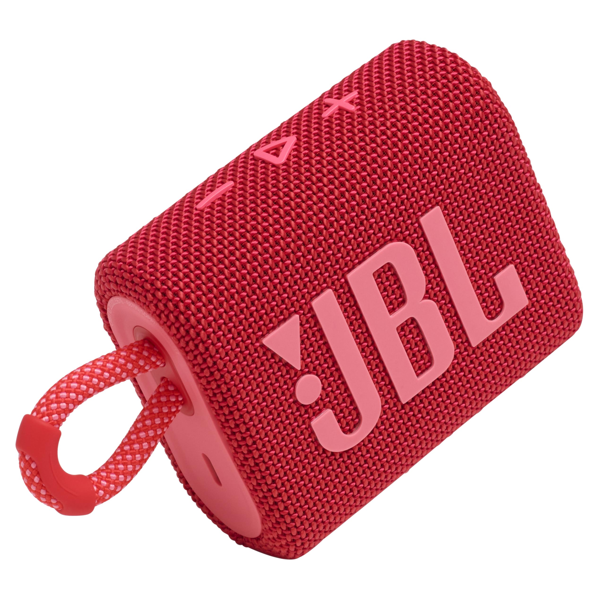JBL Go 3 frontal rojo mostrando diseño compacto y potencia de sonido