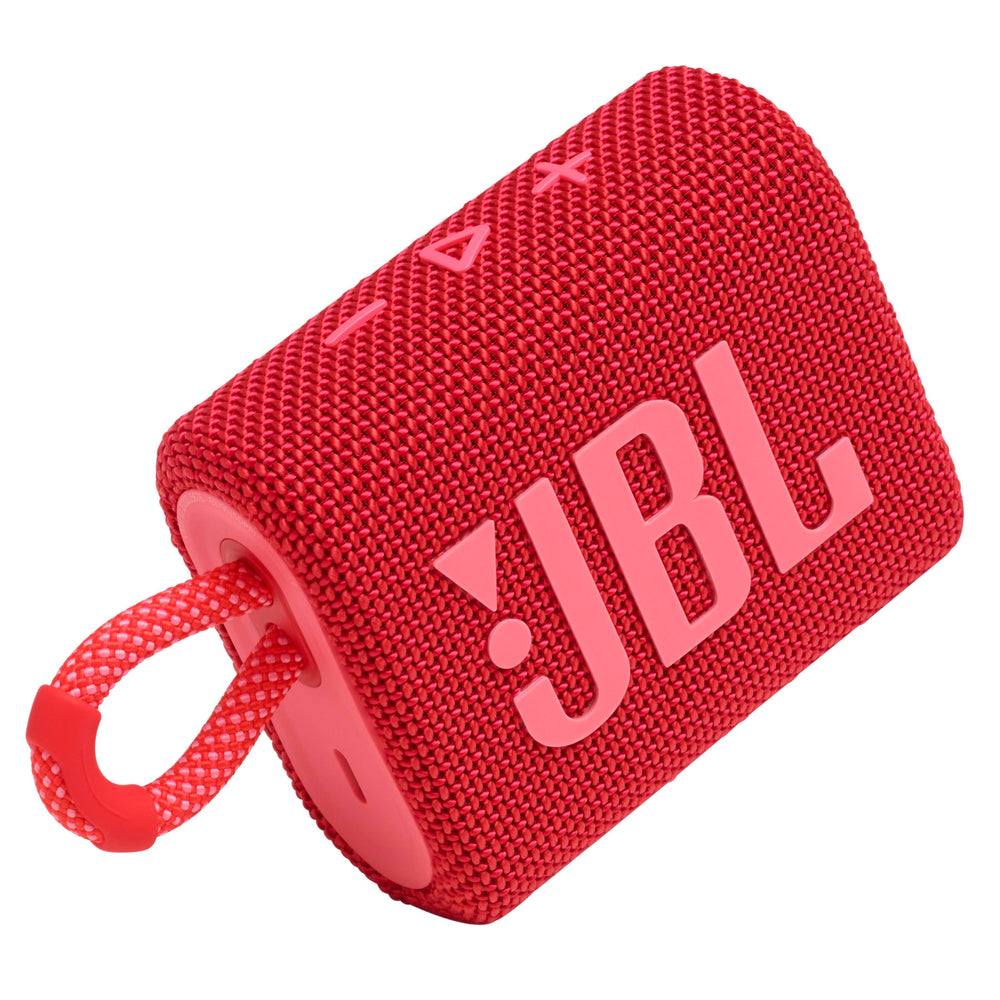 JBL Go 3 frontal rojo mostrando diseño compacto y potencia de sonido