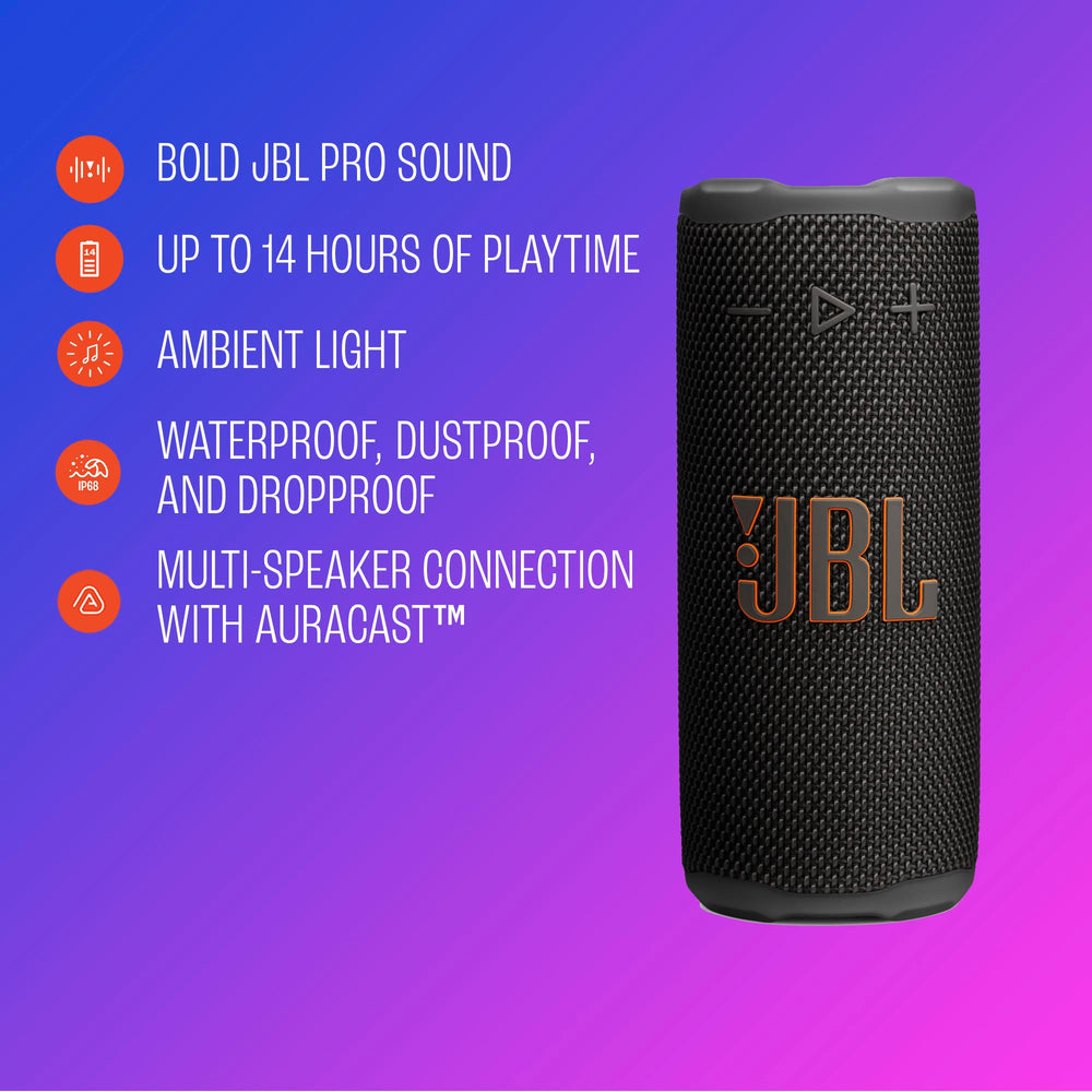 JBL Grip etiqueta con iconos IP68 y especificaciones visibles