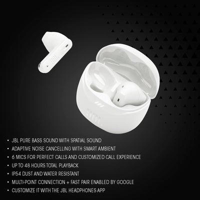 JBL Tune Flex 2 close-up on earbud driver showing build quality and bass-focused design