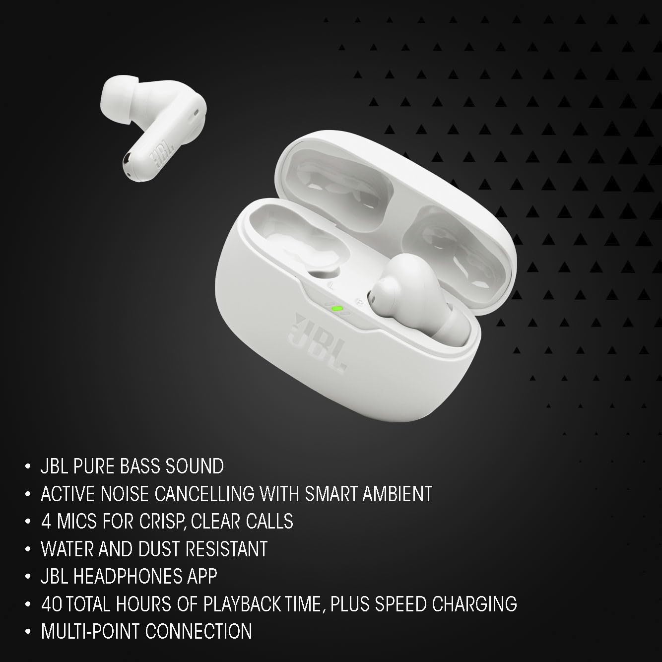 JBL Vibe Beam 2 single earbud close-up highlighting design and comfort