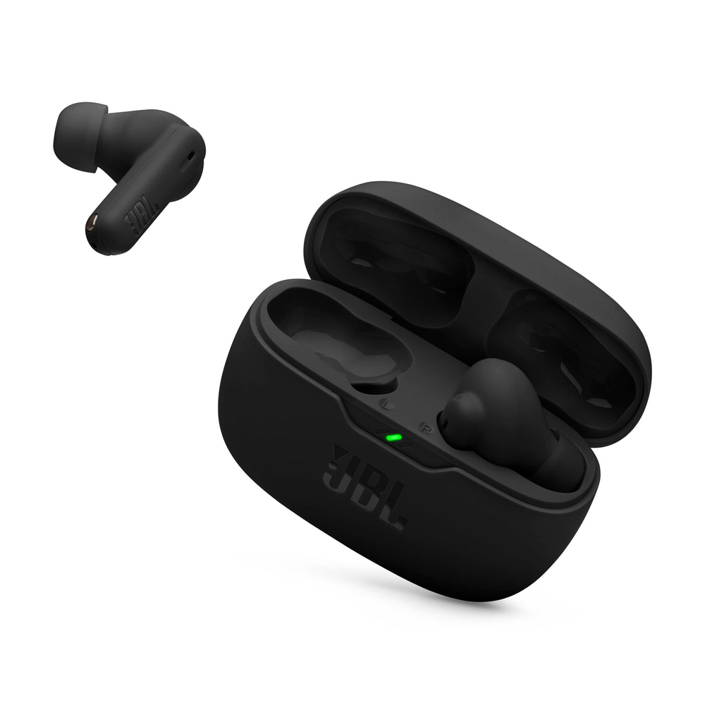 JBL Vibe Beam 2 front view showing sleek black finish and compact profile