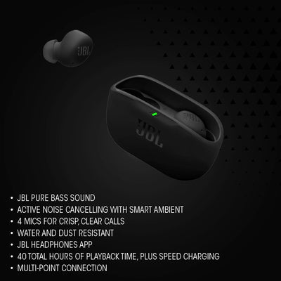 JBL earbud fitted in ear showing secure fit and comfort benefit
