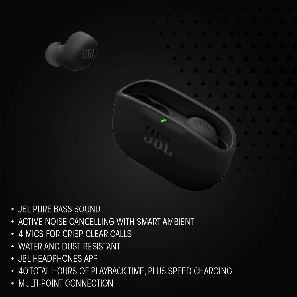 JBL earbud fitted in ear showing secure fit and comfort benefit