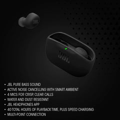JBL earbud fitted in ear showing secure fit and comfort benefit