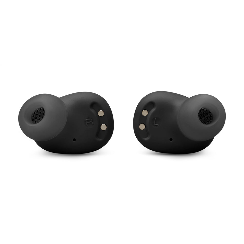 JBL earbuds in hand for size comparison showing pocketable portability