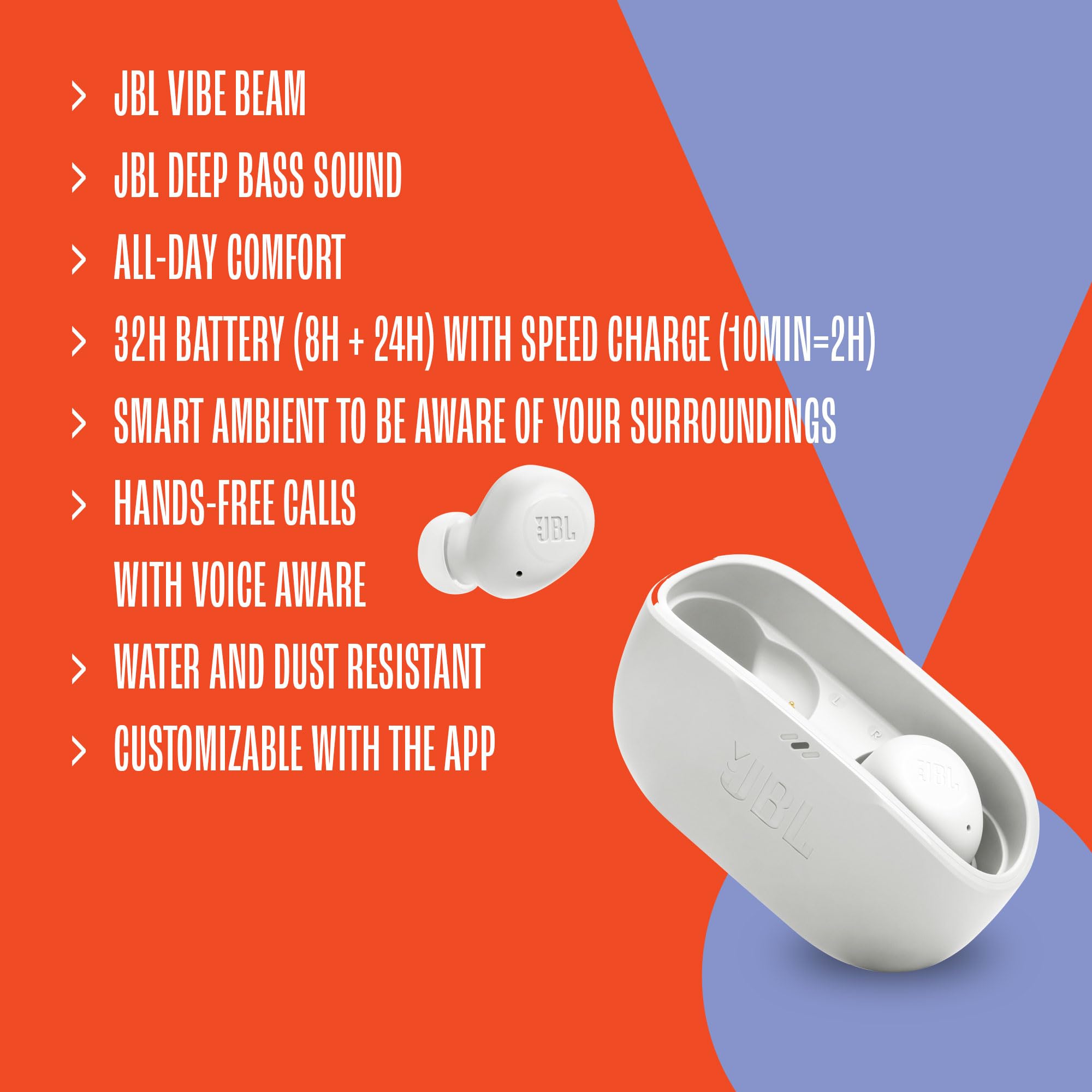JBL Vibe Buds estuche abierto mostrando batería y capacidad de carga