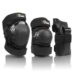 JBM set frontal mostrando rodilleras coderas y muñequeras, protección completa