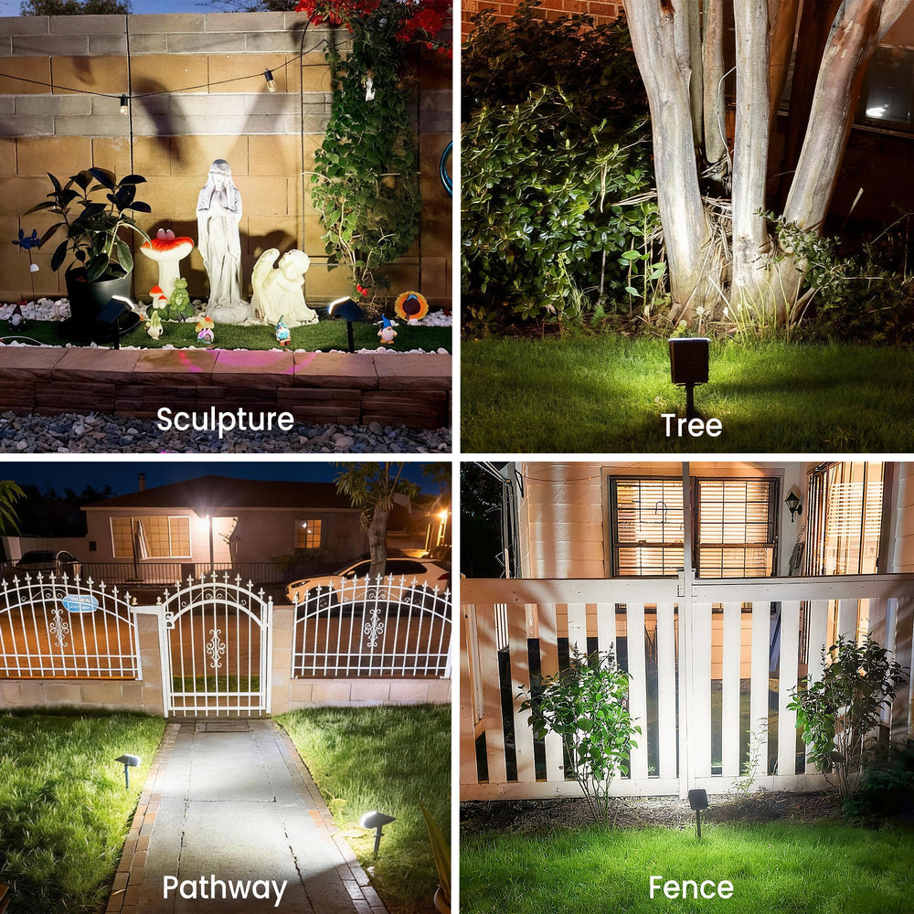 JEJOT instalado en jardín con estacas para iluminación puntual de plantas y senderos