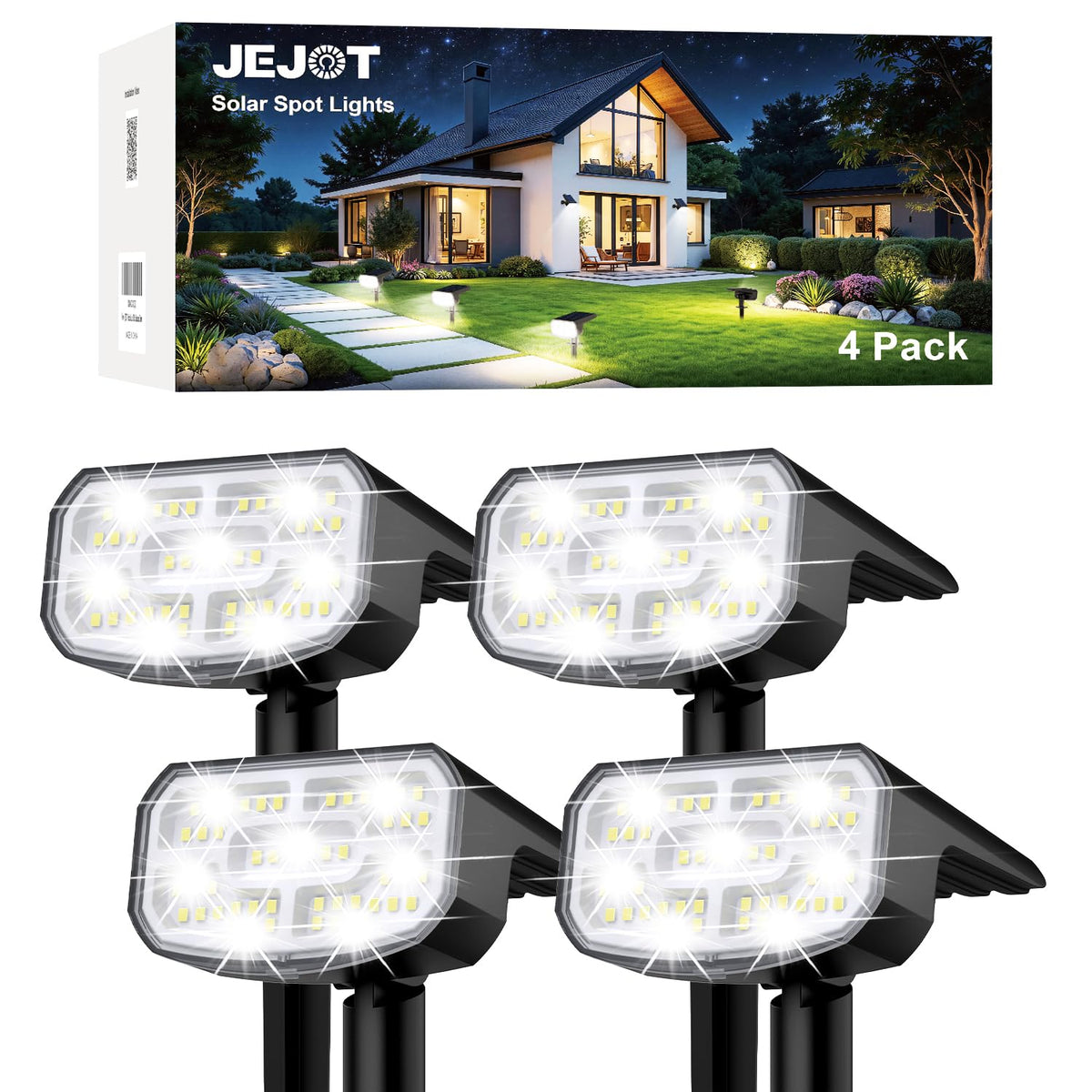 JEJOT pack frontal de cuatro focos solares mostrando diseño y beneficio de iluminación inmediata