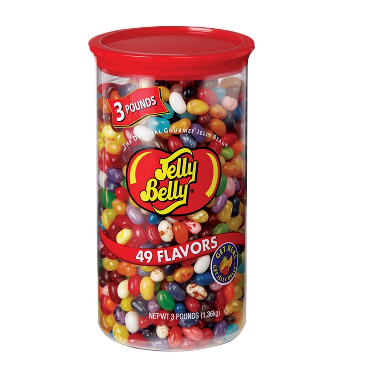 Jelly Belly 3 lb tub front label showing assorted flavors and size