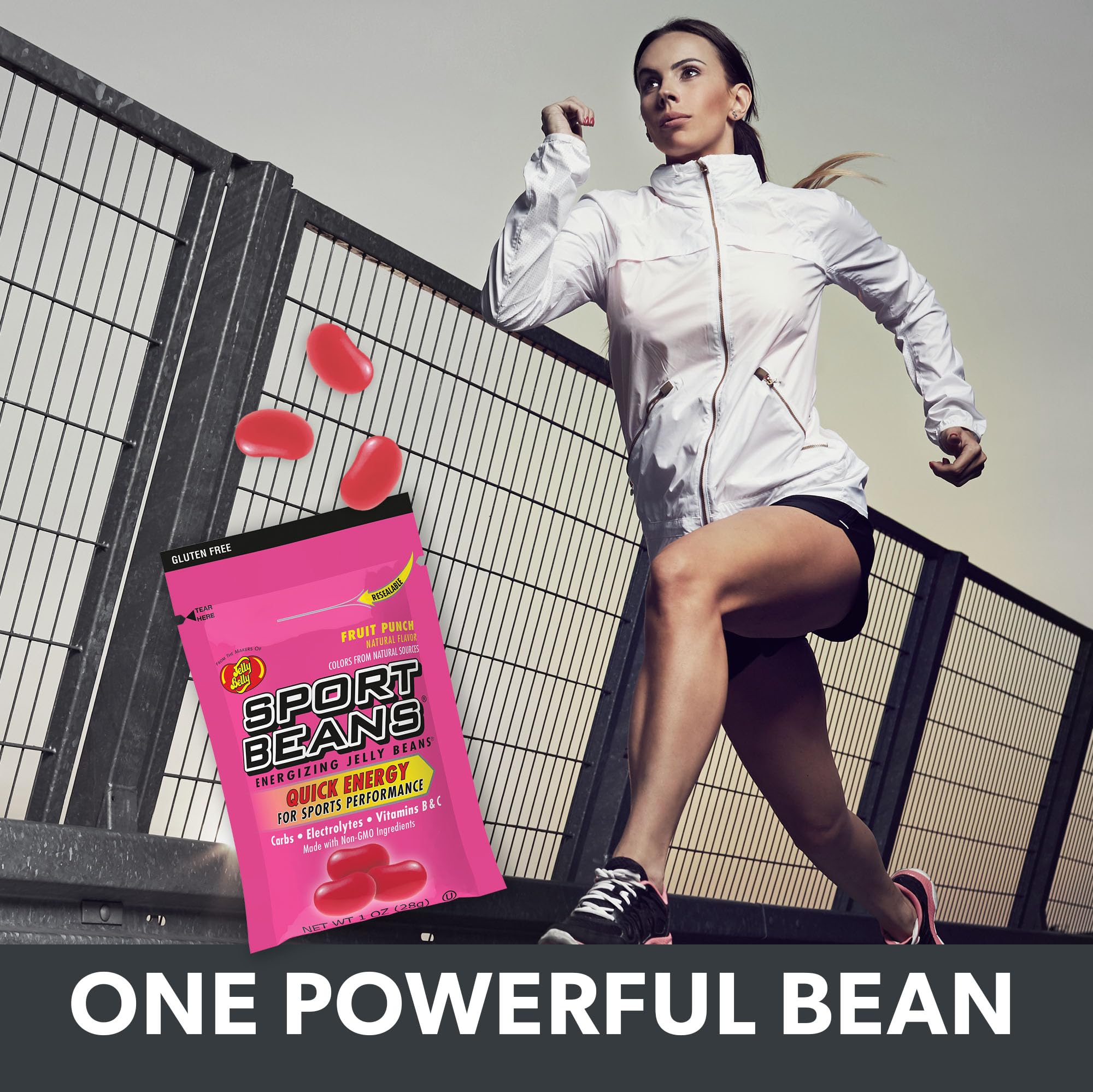 Jelly Belly bolsita abierta con beans visibles, ideal para toma durante ejercicio