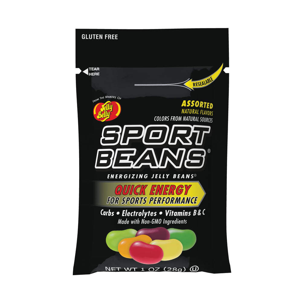 Jelly Belly paquete frontal mostrando 24 bolsitas y conveniencia para deportistas