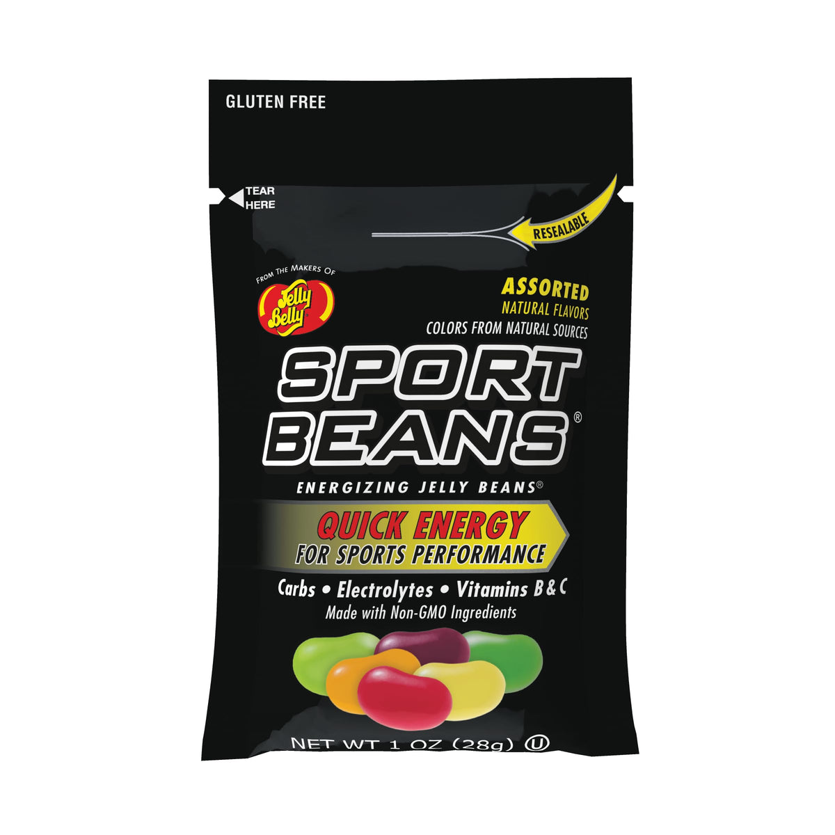 Jelly Belly paquete frontal mostrando 24 bolsitas y conveniencia para deportistas