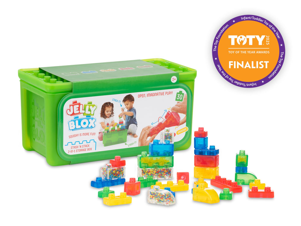 Jelly Blox abierto mostrando bloques listos para construir y guardar fácilmente