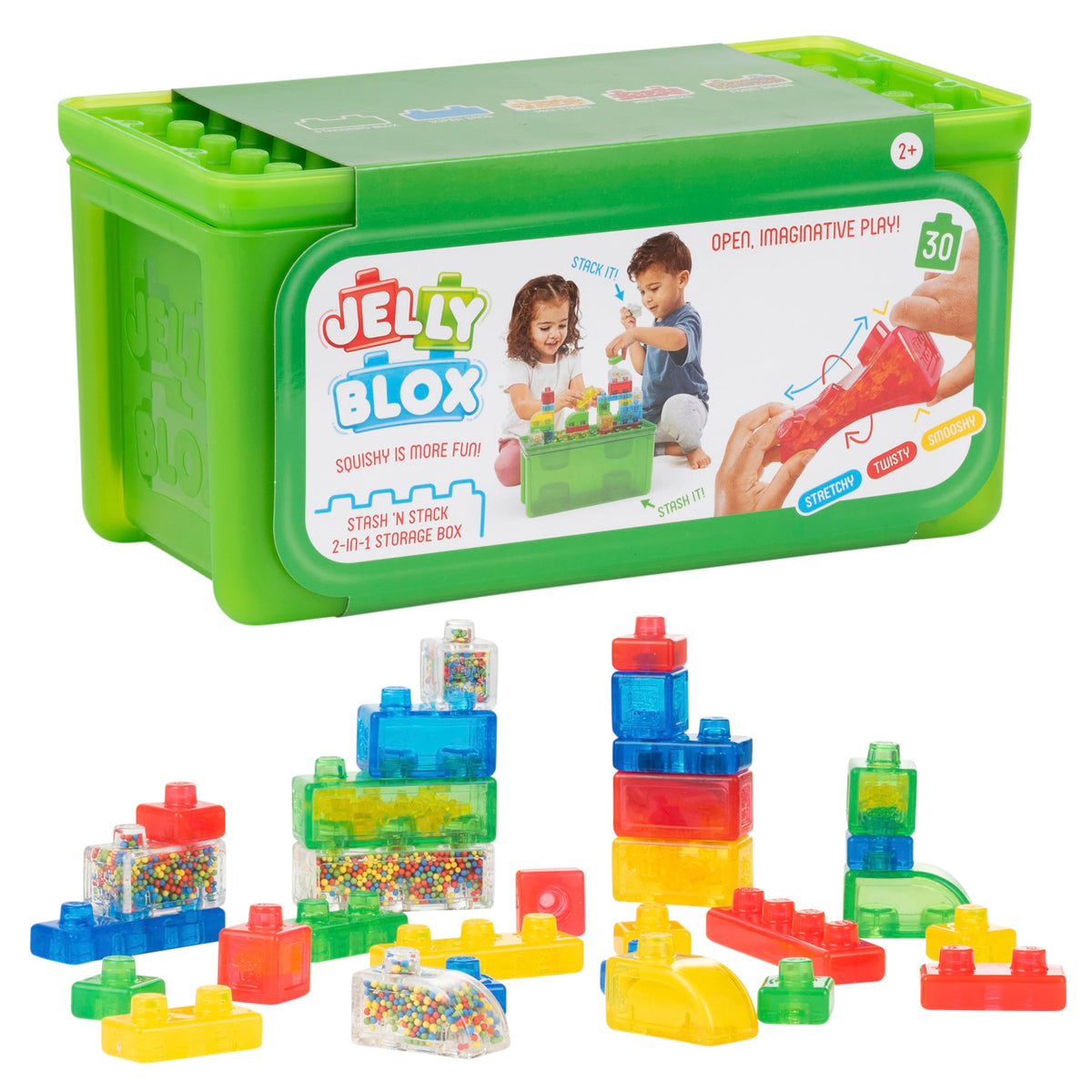 Jelly Blox estuche frontal con 30 bloques coloridos y almacenamiento seguro
