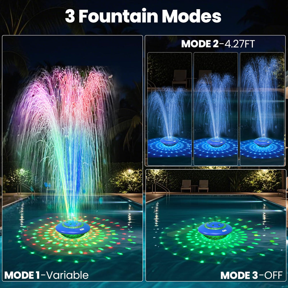 JEMULICE fountain at night with colorful LEDs enhancing pool atmosphere and visibility benefit