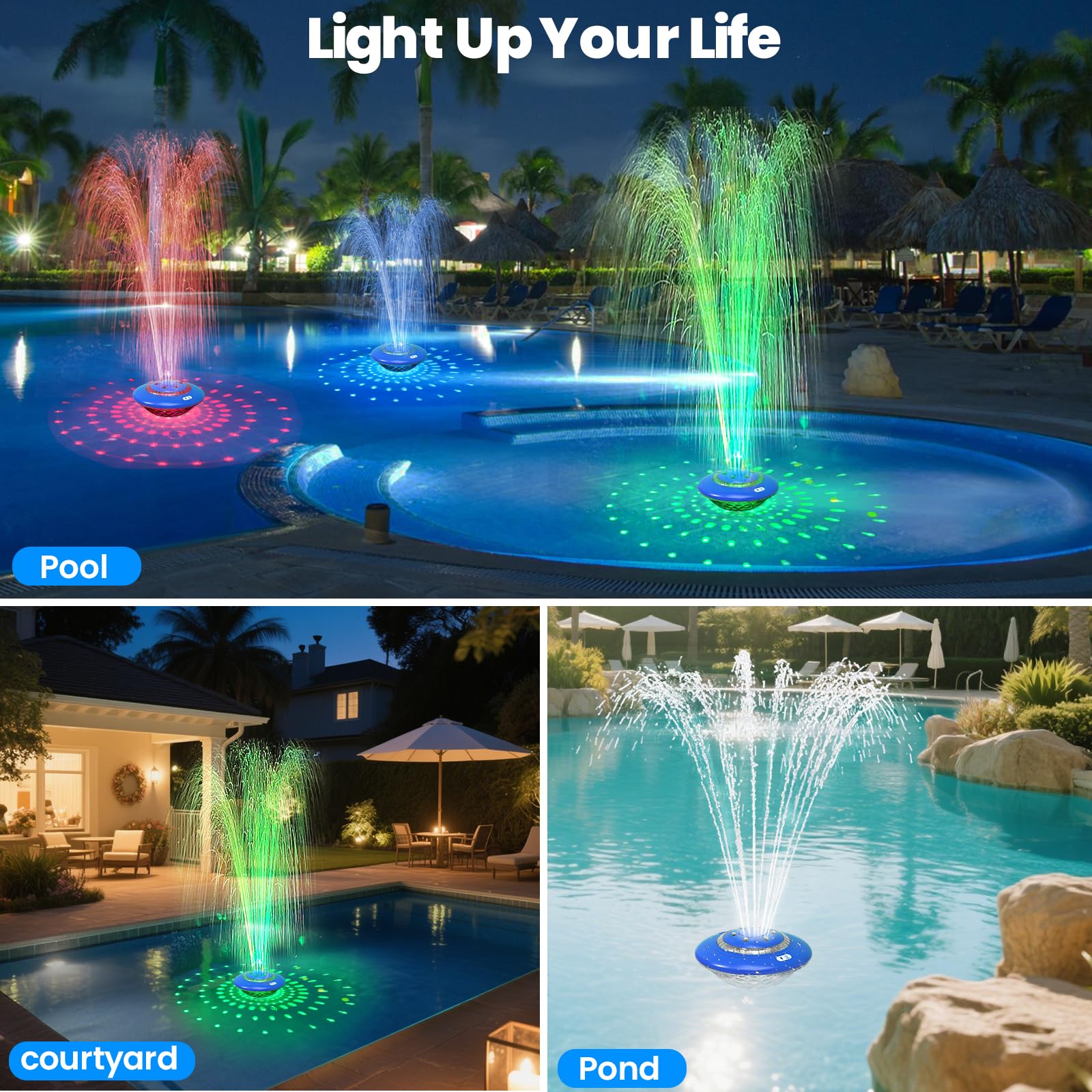 JEMULICE fountain floating in backyard pool showing party-ready atmosphere and family enjoyment benefit