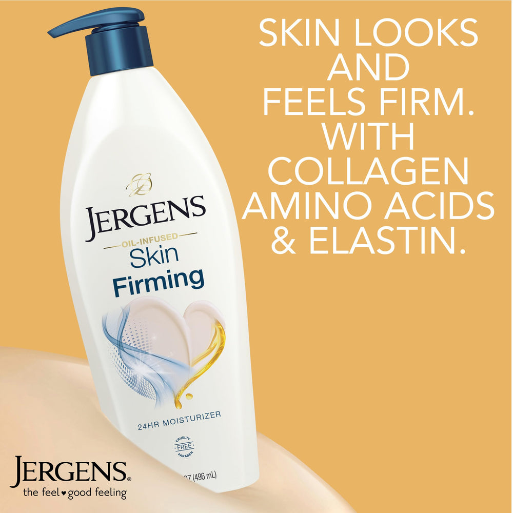 Jergens bottle beside shea and vitamin E representing nourishing ingredients