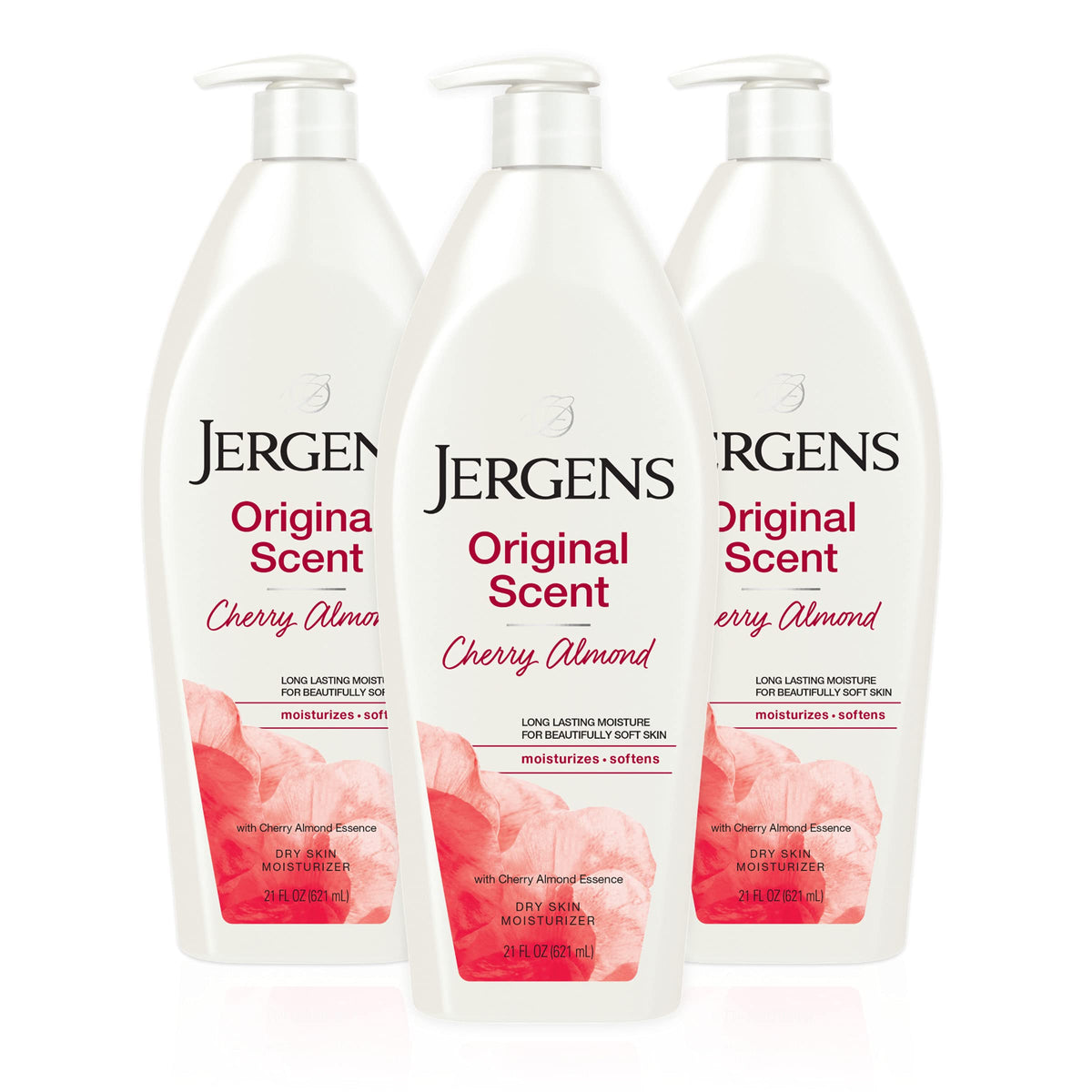 Jergens bottle front label showing cherry almond scent and hydration benefits