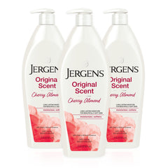 Jergens bottle front label showing cherry almond scent and hydration benefits