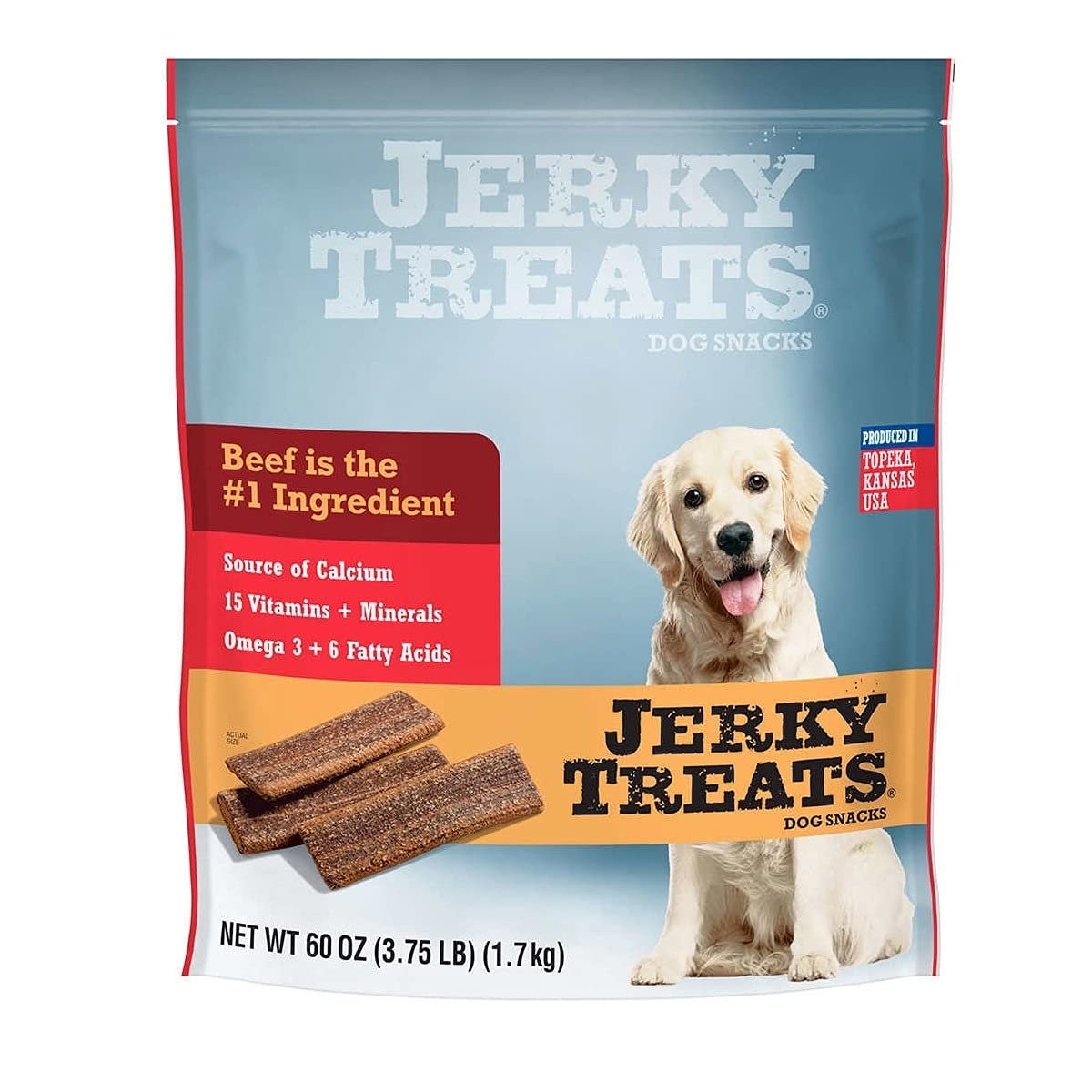 Jerky Treats frente del empaque mostrando 60 oz y beneficios nutritivos